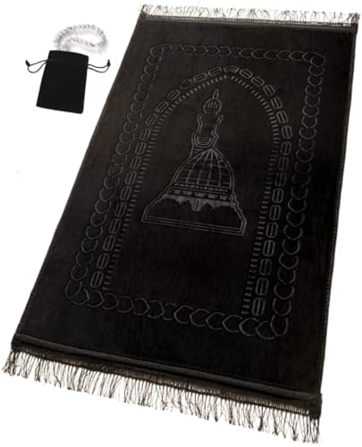 Durable Prayer Rug Muslim Mat Islamic - Luxurious Velvet Prayer Rug Sajadah for Kids Men Women for Eid Travel Ramadan, Soft and Luxury (Black) - color: Black