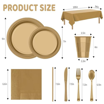 484 Pcs Plastic Dinnerware Set Includes 60 Of Each 9" Dinner Plates |7" Dessert Plates|12 oz Plastic Cups | Napkins|Straws|Spoons, Forks & Knives (Gold, 60 Guests)
