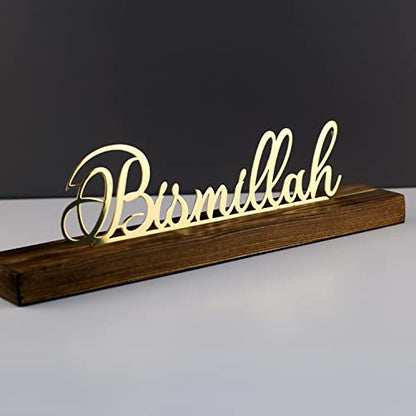 iwa concept Bismillah, Subhanallah, Alhamdulillah, Allahuakbar and Shiny Metal Table Decors, Islamic Home Decor Gifts for Muslims in Ramadan (Bismillah, Gold)