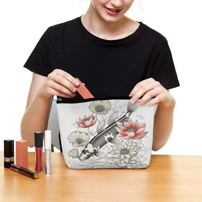Fish Japanese Carp Lotus Leaves Flower Makeup Bag for Women, Toiletry Bag Portable PU, Cosmetic Bag Travel Essentials Toiletries Accessories
