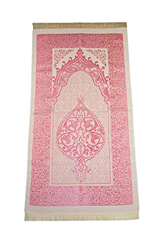 ihvan online Muslim Prayer Rug and Prayer Beads with Elegant Design Cylinder Gift Box, Janamaz, Soft Sajadah, Islamic Gifts Set, Portable Prayers Carpet Mat, Taffeta Fabric, Pink - color: Pink