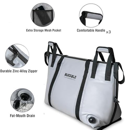 Buffalo Gear Insulated Fish Cooler - 27.5QT 58QT Waterproof Flat Bottom Bag, Leakproof and Fishing Kill Bag - color: Grey-58QT