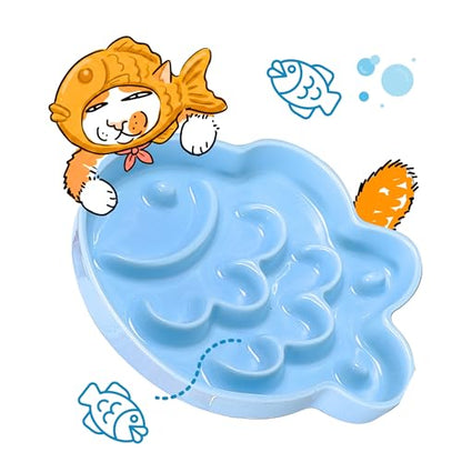 Ceramic Cat Slow Feeder Bowl - Shallow Whisker Friendly Cat Plate for Dry and Wet Food - Puzzle Feeder for Slow Eating - Helps Reduce Vomiting - Microwave & Dishwasher Safe -Non Slip(Blue,6.3''W) - color: Blue