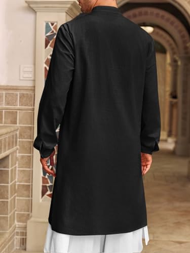 Runcati Mens Kaftan Thobe Button Down Henley Shirts Robe Long Sleeve Casual Cotton Linen Muslim Gown Shirt - color: Black, size: Large