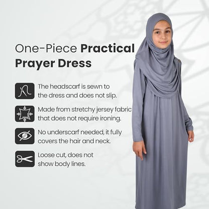 ihvan online Muslim Dress for Girls, Long Sleeve One-Piece Islamic Prayer Dress, Hijab for Kids, Girls Abaya, Islamic Gifts - color: Grey