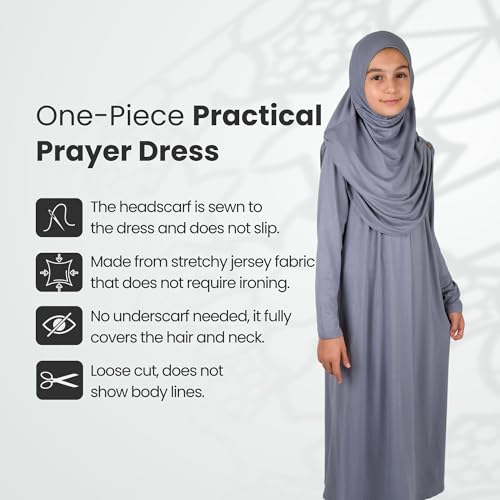ihvan online Muslim Dress for Girls, Long Sleeve One-Piece Islamic Prayer Dress, Hijab for Kids, Girls Abaya, Islamic Gifts - color: Grey