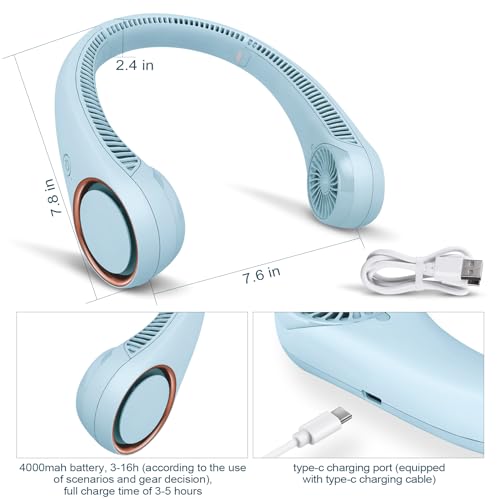 CIVPOWER Neck Fan: Portable Personal Neck Cooling Rechargeable Bladeless Fan - Hands Free 3 Speed 4000 mAh Battery USB Operated Wearable Headphone Design - Gift for Men Women Outdoor (Light Blue) - color: Light Blue