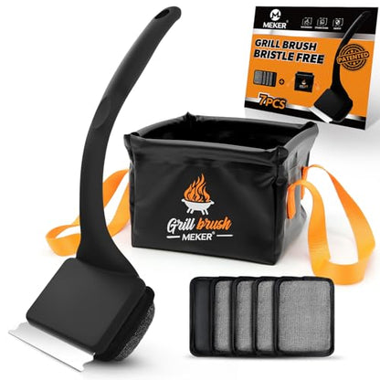 7Pcs Grill Brush Bristle Free with Collapsible Bucket for Grill Cleaning | Grill Cleaner Brush with Durable Foldable Water Tank, Portable Outdoor Grill Bucket, Dunk Tank, Black