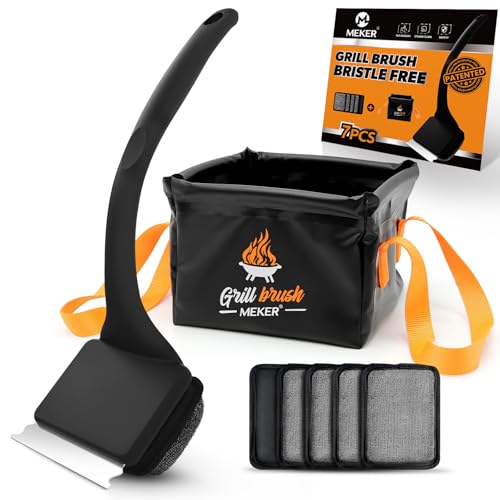 7Pcs Grill Brush Bristle Free with Collapsible Bucket for Grill Cleaning | Grill Cleaner Brush with Durable Foldable Water Tank, Portable Outdoor Grill Bucket, Dunk Tank, Black