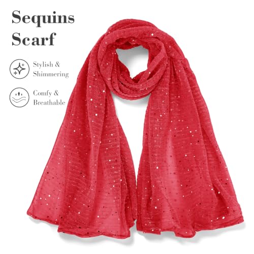 Sequin Scarf for Women Lightweight Mesh Shawl Wrap Bandana Hijab Headscarf for Summer Evening Dress - color: Brightred
