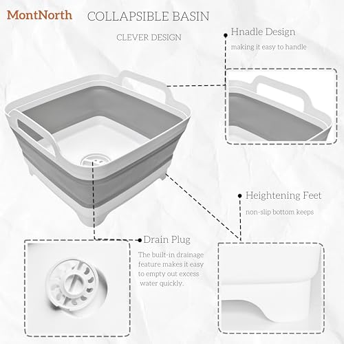 MontNorth Collapsible Wash Basin 9L, Foldable Dish Tub with Drain Plug, Portable Collapsible Dish Basin, Camping Sink for Washing Dishes, Laundry & Kitchen Use,Gray - color: Gray - Set of 1