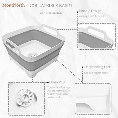 MontNorth Collapsible Wash Basin 9L, Foldable Dish Tub with Drain Plug, Portable Collapsible Dish Basin, Camping Sink for Washing Dishes, Laundry & Kitchen Use,Gray - color: Gray - Set of 1