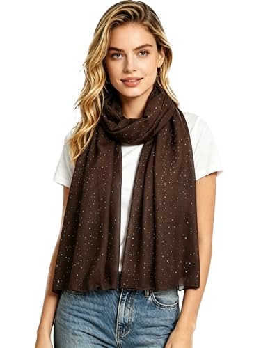 Lina & Lily Solid Shimmer Sparkle Glitters Sheer Maxi Shawl Scarf Hijab Lightweight - color: #3 Brown