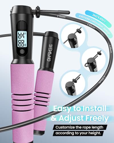 RENPHO Smart Jump Rope with Counter, App Data Tracking, LCD Display | App Data Storage & Analysis, Tangle-Free Design, Adjustable Workout Rope, Fitness Training for Crossfit, Gym & MMA - color: B-Pink Steel wire rope 1 pc