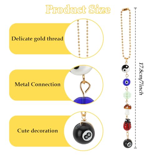Evil Eye Car Hanging Ornament, Car Mirror Hanging Accessories Good Lucky Days Charm Decor with Four-Leaf Clover Ladybug 8 Ball Mushroom Yin Yang Symbo and Boho Car Accessories for Keychain Cellphone