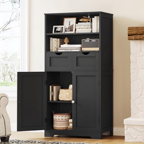 Iwell Tall Storage Cabinet, Black Storage Cabinet & Adjustable Shelves, Bathroom Cabinet for Living Room, Dining Room, Entryway, Black - color: Black, 2 Drawers