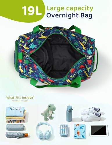 RAVUO Water Resistant Kids Duffel Bag - Overnight Sports Weekender Gym Carry-On Tote Travel Shoulder Bag for Boys with Shoe Compartment and Wet Pocket - color: Dinosaur