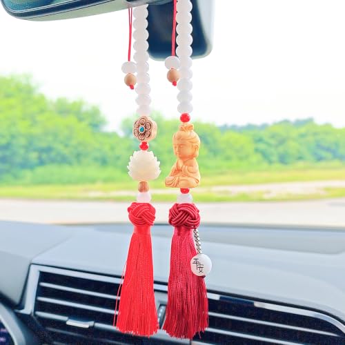 Buddha Rear View Mirror Accessories Hanging Charms, The Bodhisattva of Compassion with Tassels Car Hanging Ornament, Cute Car Accessories for Women/Men, Fo Bao Ping an (Avalokitesvara - Red) - color: Avalokitesvara - Red