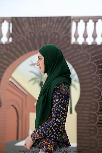 SARJANA Women's Solid Color Cotton Hijab with Under Scarf Cap Ready to Wear Stretch Scarves Long Scarfs FREE SIZE - color: Dark Green