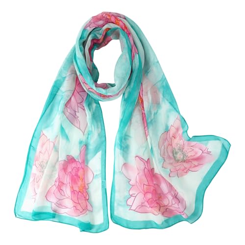 E-Clover Women Soft Floral Print Shawl Chiffon Sheer Scarf - color: Teal Pink-01