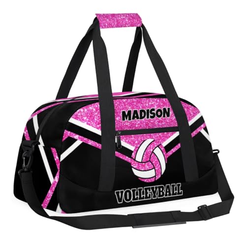 Personalized Volleyball Sports Bag, Custom Sport Duffel Bag Large Compartment Cheerleaders Dance Bag Weekender Bags Travel Bag, Bright Pink Glittering with Black - color: Hot Pink