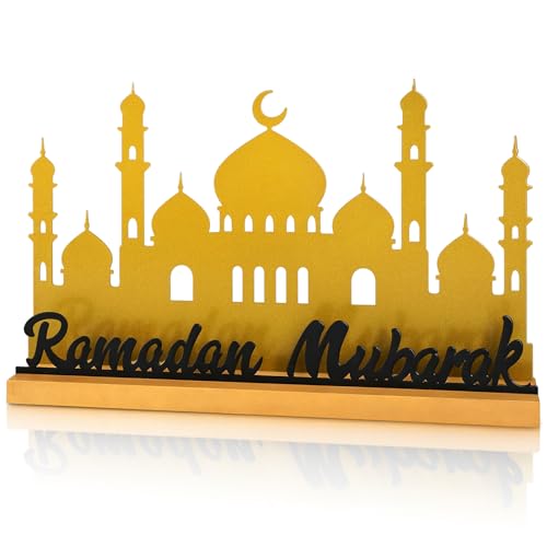 Ramadan Decorations for Home Ramadan Mubarak Metal Table Centerpiece Eid Table Sign Muslim Golden Palace Mosque Tabletop Indoor Islamic Party Gift Tiered Tray Office Desk Shelf Mantel Black Letters