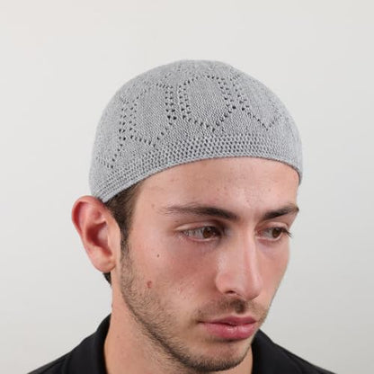 Men's Knit Kufi Muslim Prayer Cap Set with Tasbih Beads Multi Packs - color: Ajur - Black Grey