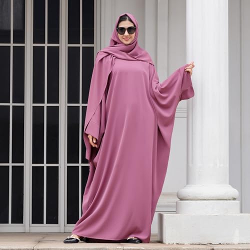 IDOPIP Abayas for Women Muslim Dress with Hijab, One-Piece Long Sleeve Islamic Prayer Dress with Khimar Jilbab Kaftan Clothes - color: Purple + Hijab