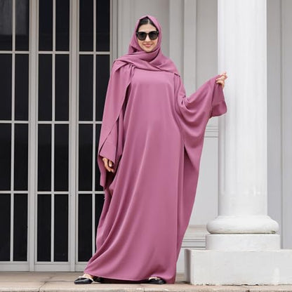 IDOPIP Abayas for Women Muslim Dress with Hijab, One-Piece Long Sleeve Islamic Prayer Dress with Khimar Jilbab Kaftan Clothes - color: Purple + Hijab