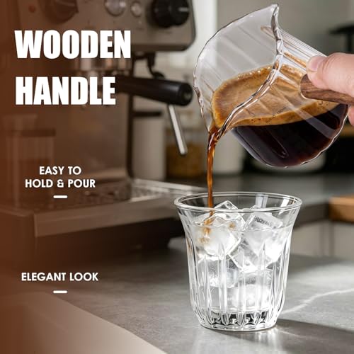 Adorever Espresso Cups 6 OZ, Double Spout Espresso Shot Glass with Wooden Handle, Clear Glass Measuring Cup for Espresso Shots & Milk, Espresso Accessories for Coffee Machine
