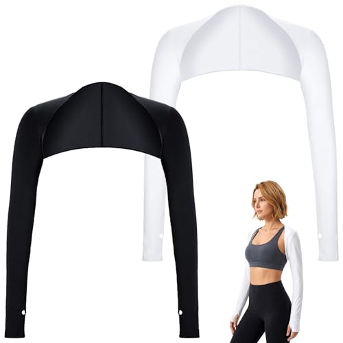 Nogeqi 2 Pack Cooling Shawl Arm Sleeves for Women UV Sleeves Sun Protection Sleeve with Finger Hole, Comfortable & Breathable UV Protection Arm Cover for Women (Black, White)