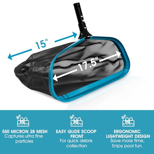 17.5" Aluminum Frame Pool Skimmer Rake Net, Deep Nylon Bag (No Pole) | Fine Mesh Scoop Net, Inclined Front Lip, Aluminum Handle, Swimming Pool Leaf Nets for Cleaning Ponds & Fountains Leaves - size: Aluminum Frame Nylon Rake