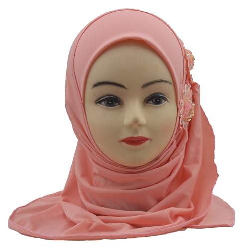 Soft Instant Hijab for Kids Girls Muslim Headscarf Islamic Scarf Shawl Wrap with Flowers - color: Orange Pink-2 Flowers