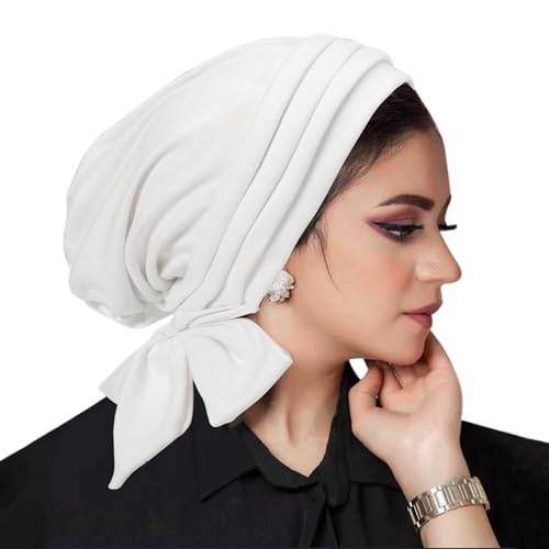 Suillty Women's Pre-Tied Muslim Hijab Bonnet Pleated Ruffle Turban Chemo Cap Underscarf Islamic Headwear - color: White