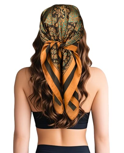 Sumolux Head Hair Scarf for Women Like Satin Silk Scarf Bandana Hair Wrapping Night Large Square Scarves 27.5" - color: Caramel Retro Cashew Nuts
