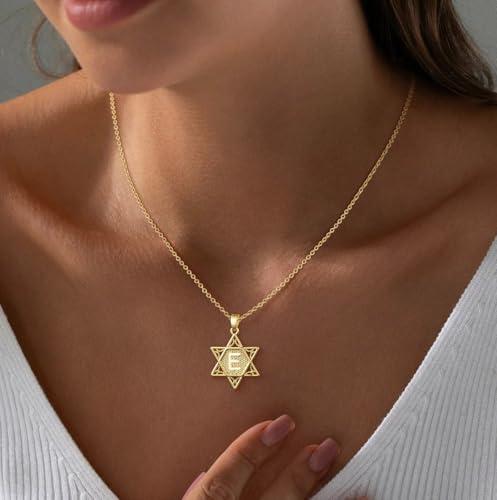 Gold Initial Necklaces for Women Dainty Pendant Letter Necklace 14K Gold Plated Jewish Star of David Religious Jewelry Personalized Gift Non Tarnish Waterproof 16.5-18.5 Inches - style: Initial E