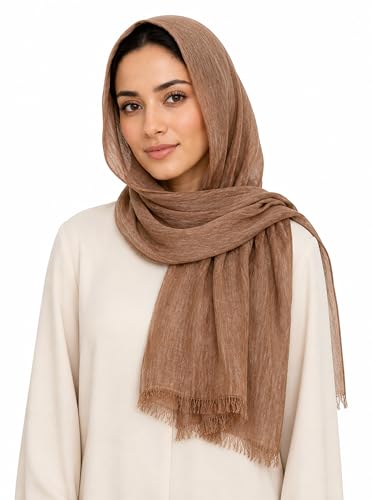 Lightweight Rayon Scarf with Cotton Linen Texture – Breathable Wrinkle Hijab, Vintage Dyed Wrap Shawl - color: Camel