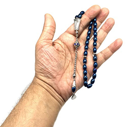 -Gentle Men Collection- Prayer Beads-Worry Beads-Tesbih-Tasbih-Tasbeeh-Misbaha-Masbaha-Subha-Sebha-Rosary (Non-Magnetic Blue Drum Hematite -6x9 mm- 33 Beads) - color: Non-Magnetic Blue Drum Hematite -6x9 mm- 33 Beads