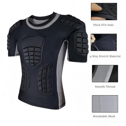 Topeter Men’s Padded Football Shirt with Chest, Rib, Back, Shoulder Pads, Impact Protection Shirts for Rugby, Baseball - size: Large, style: Black