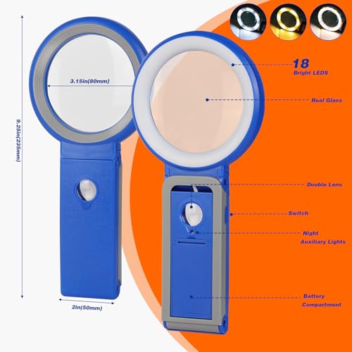 Magnifying Glass with Light and Stand, Foldable Handheld Magnifying Glass 18 LED Illuminated Lighted Magnifier for Macular Degeneration, Seniors Reading, Close Work, Coins, Jewelry Blue - color: Blue