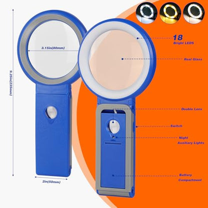 Magnifying Glass with Light and Stand, Foldable Handheld Magnifying Glass 18 LED Illuminated Lighted Magnifier for Macular Degeneration, Seniors Reading, Close Work, Coins, Jewelry Blue - color: Blue