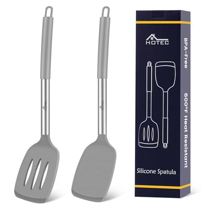 HOTEC Silicone Spatula Set of 2 Heat-Resistant 600°F & BPA-Free Kitchen SaptulaTurner with Stainless Steel Handles, Slotted & Solid Spatulas for Nonstick Cookware, 13.7 Inch, Grey - color: Gray