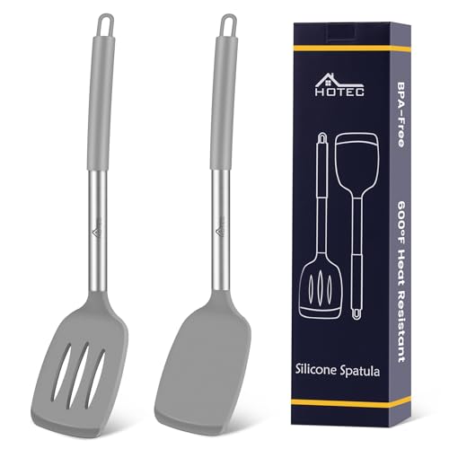 HOTEC Silicone Spatula Set of 2 Heat-Resistant 600°F & BPA-Free Kitchen SaptulaTurner with Stainless Steel Handles, Slotted & Solid Spatulas for Nonstick Cookware, 13.7 Inch, Grey - color: Gray