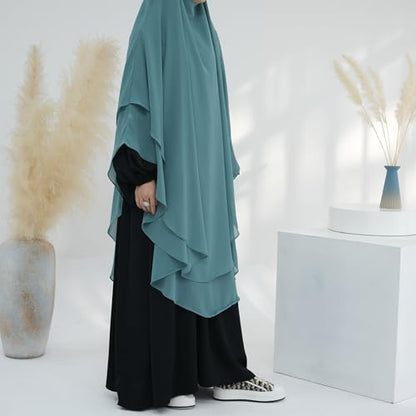 SYANKANGXIAO Ramadan Eid Khimar Abaya Turkey Islam Muslim Chiffon 2 Layers Long Hijab Dress Prayer for Women Full Cover Robe - color: Grey Blue