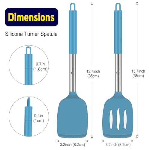 HOTEC Silicone Spatula Set of 2 Heat-Resistant 600°F & BPA-Free Kitchen SaptulaTurner with Stainless Steel Handles, Slotted & Solid Spatulas for Nonstick Cookware, 13.7 Inch, Blue - color: Blue