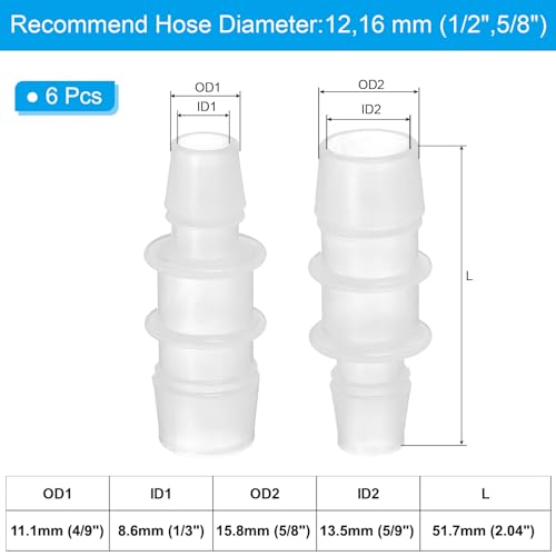 PATIKIL 1/2" to 5/8" 6 Pcs Plastic Hose Barb Fittings, Reducer Tube Fittings Pipe Adapter Union Splicer Joint Kit for Air Gas Water System Liquid Fuel Line Aquarium Tube Pump - size: 1/2"-5/8",(0.77"x2.04")
