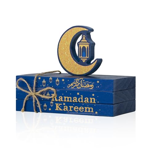 Smile Ramadan Eid Mubarak Wooden Indoor Decorations, Mini Faux Books Bundle, Islamic Tiered Tray Muslim Party Tabletop Home Decor