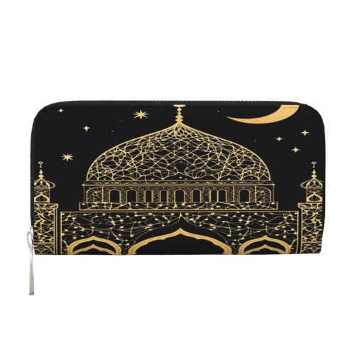 Islamic Mosque Golden Glitter PU Leather Long Wallet for Women Men, Zipper Clutch Wallet RFID Card Holder Organizer - color: Islamic Mosque Golden Glitter