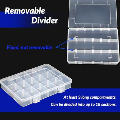 MREEYFILL 6-Pack 18-Grid Clear Plastic Organizer Box 8x6x1 | Small storage case, adjustable dividers for beads, jewelry, mini craft, nail art, fishing hooks, screws, tiny hardware