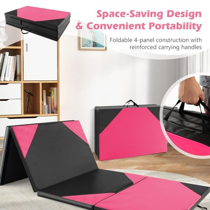 Goplus Folding Gymnastics Mat, 10’ x 4’ x 2’’ Thick Tumbling Mats with PU Leather, Hook & Loop Fasteners, Portable Handles, 4-Panel Exercise Mat for Home Gym Workouts, Yoga - color: Black+Rose